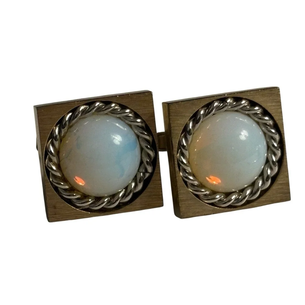 Foster Cufflinks Tie Tac Pin Set Cloudy White Round Acrylic Center Gold Tone VTG